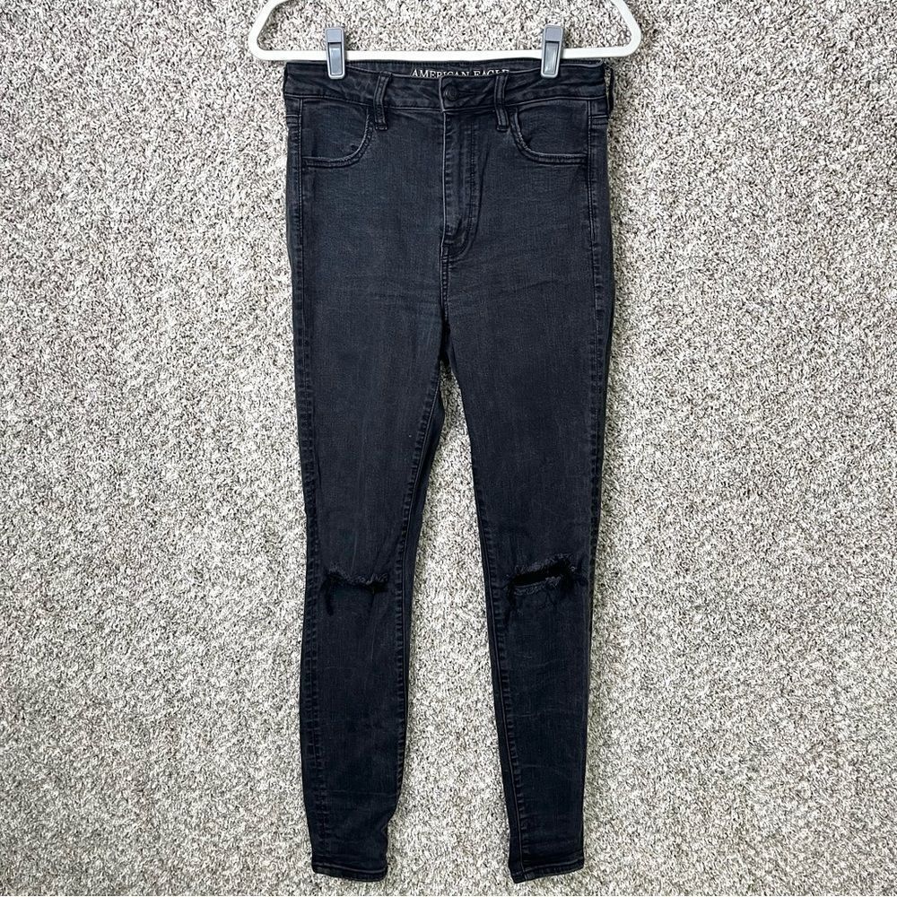 American Eagle Jeans Women’s 8L Stretch Black Super Hi-Rise‎ Distressed Jeggings